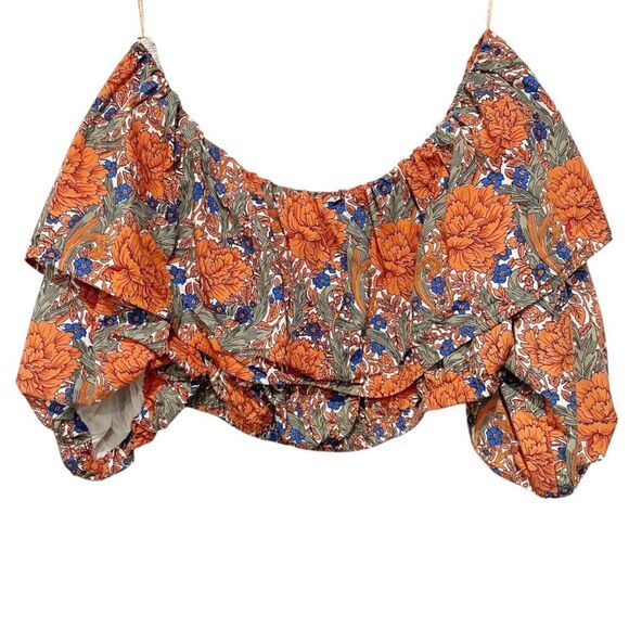 Zara Orange Floral Off Shoulder Cropped Ballon Sleeve Top M Boho Prairie Baddie - Picture 5 of 12